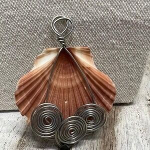 Handmade Wire Wrapped Seashell‎ Pendant Boho Ocean Coastal Necklace Charm 2.5"